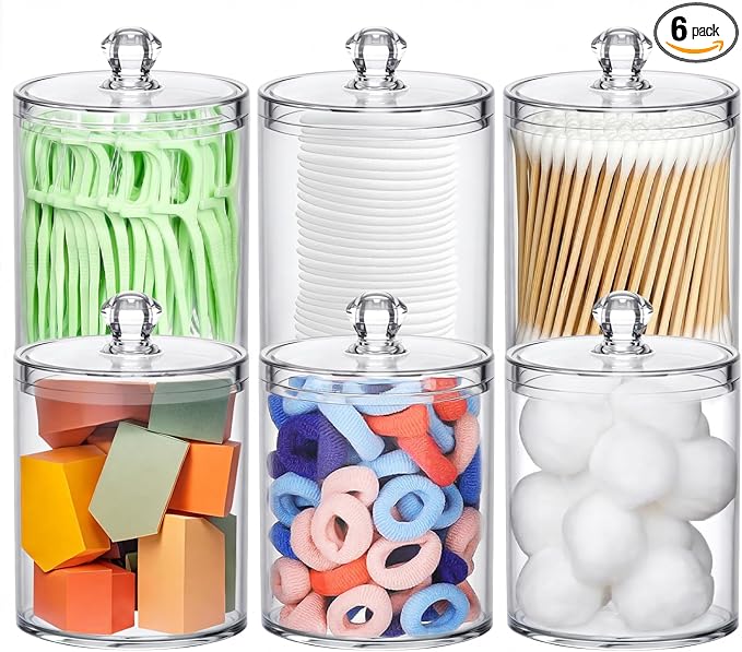 MateeyLife Qtip Holder 6 Pack, Acrylic Q-tip Dispenser for Cotton Pads, Swabs, Balls, Storage Containers for Organizing, Clear Bathroom Canisters with Lid, Apothecary Jars Home Decor Accessories Set