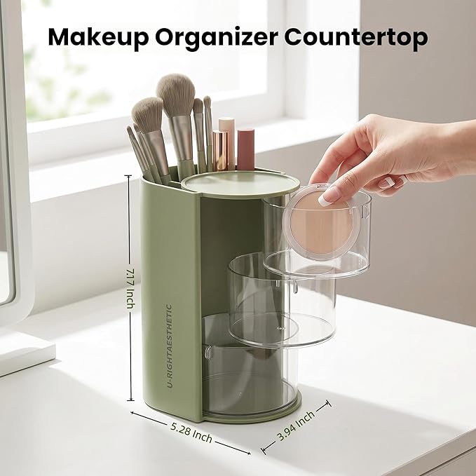 Sage Green Makeup Organizer Countertop for Vanity, Hair Accessories Organizer with Hair Brush Holder, Hair Organizer Storage for Hair Ties, Makeup Pads, Makeup Brushes, Beauty Blender