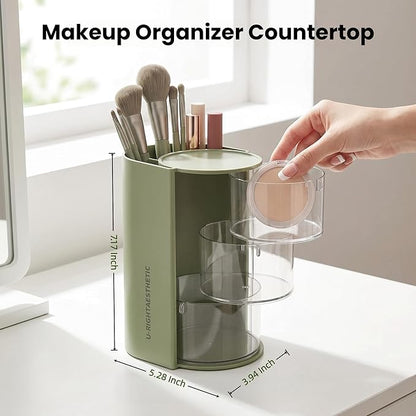 Sage Green Makeup Organizer Countertop for Vanity, Hair Accessories Organizer with Hair Brush Holder, Hair Organizer Storage for Hair Ties, Makeup Pads, Makeup Brushes, Beauty Blender