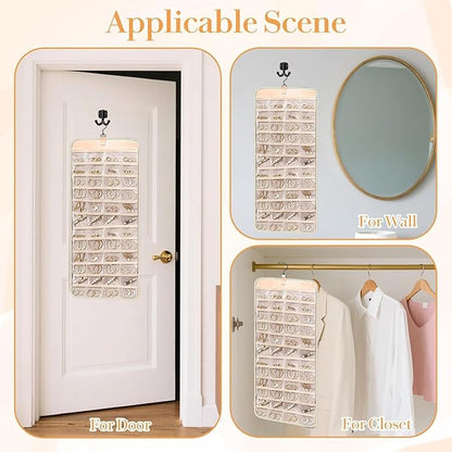 Hanging Jewelry Organizer Storage Roll with Hanger Metal Hooks Double-Sided Jewelry Holder for Earrings, Necklaces, Rings on Closet, Wall, Door, Large 14.17" x 33.07" (beige)