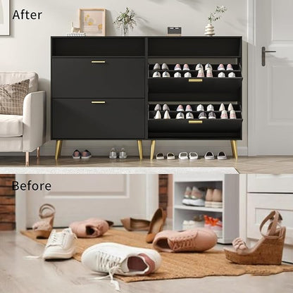 JOZZBY Shoe Cabinet Storage for Entryway, Freestanding Slim Shoe Organizer Cabinet with 2 Flip Drawers, Narrow Shoe Rack with Open Shelves for Hallway, Living Room, Black