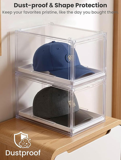 OKPOW Hat Organizer for Baseball Caps: 2 Pack Stackable Clear Display Box with Slide Drawer & Magnetic Door – Holds up to 16 Caps, Dust-Free, Tool-Free Assembly