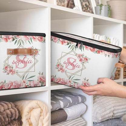Custom Initials Storage Bins with Lid, Foldable Personalized Storage Basket Boxes with Handle Pink Flower Shelf Basket Closet Organizer Cube