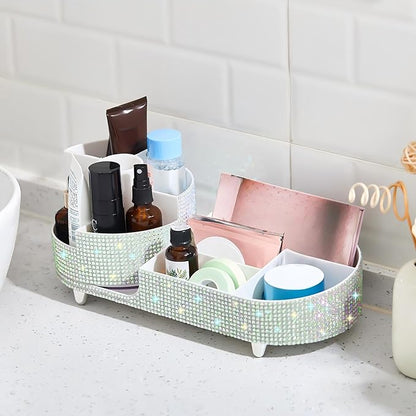 Teen Girls Mother's Day 360 Rotating Bling Makeup Organizer Gift Rhinestone Diamond Bathroom Organizer Girly Skin Care Brush Holder for Countertop, Bathroom Essentials(Silver,Rhinestone)