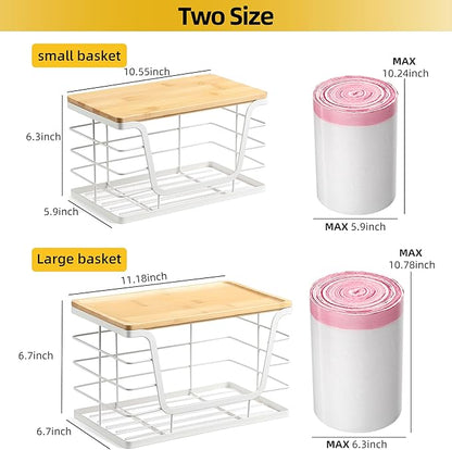 ALOCEO 2 Pack Potato and Onion Storage Bins, Large Trash Bag Holder Under Sink with Bamboo Top, Stainless Steel Pantry Organizers Storage, Kitchen Counter, White
