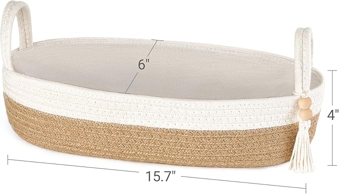 Mkono Small Storage Basket for Toilet Tank Top Boho Bathroom Decor Woven Rope Toilet Paper Tray Organizer for Shelf Bedroom Living Room, Brown and White, 1 Pack, 15.7" L x 6" W