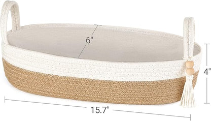 Mkono Small Storage Basket for Toilet Tank Top Boho Bathroom Decor Woven Rope Toilet Paper Tray Organizer for Shelf Bedroom Living Room, Brown and White, 1 Pack, 15.7" L x 6" W