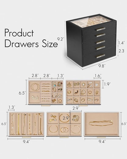 VLANDO 5 Layer Jewelry Box for Women, Glass Lid Jewelry Organizer with 5 Drawers for Necklaces Rings Earrings Bracelets - Black