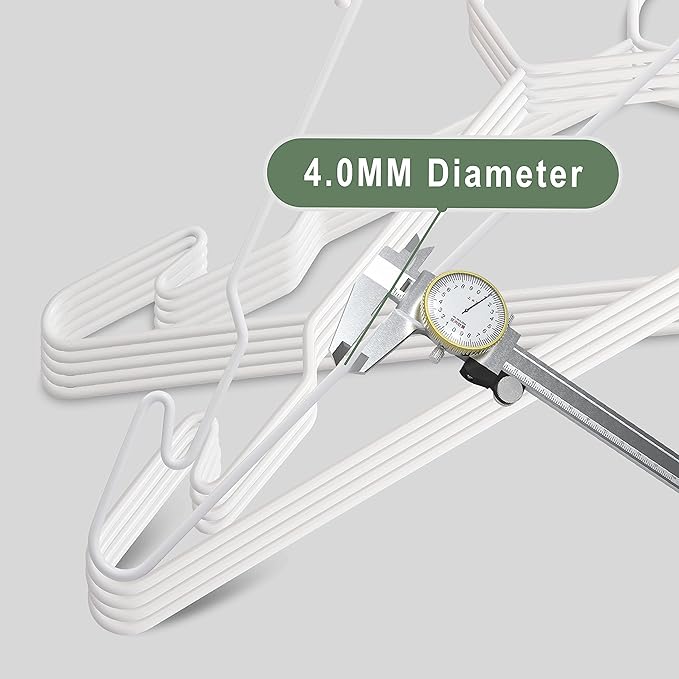 Heavy Duty Metal Hangers with Unique Hook Design Durable & Sturdy Coat Hangers 4mm Thick Withstands 25lbs Weight Smooth Powder Coated Finish Compact Shirt Hangers - 40 Pack White