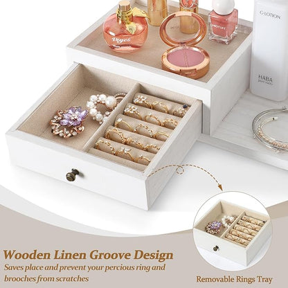 VINAEMO Jewelry Organizer Hanging Wall Mounted Jewelry Holder with Rustic Wood Drawer & Large Capacity Storage Shelf Rack Display for Earrings Rings Necklaces Bracelet(White Iron)