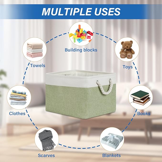Temary Fabric Storage Baskets 4Pack Storage Bins Decorative Basket for Gift, Clothes Bin with Handles, Rectangle Baskets for Storage, Blankets(White&Green,15x11x9.5 inch)