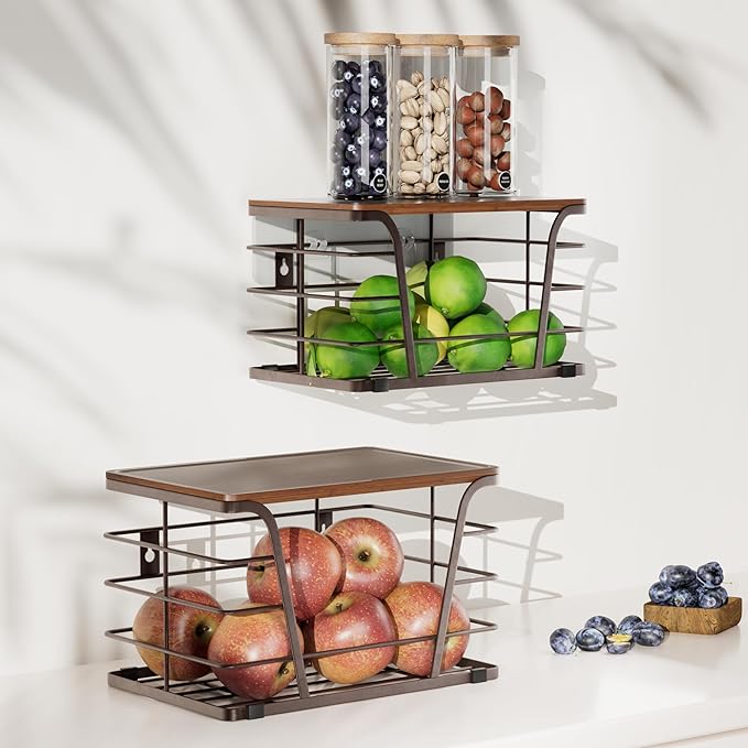 TIDIIABODE Extra Large 2 Pack Potato and Onion Storage Bins,Stackable Storage Pantry Organizers, Kitchen Storage Bins for Potato and Onion, Wall Mount Trash Bag Holder with Bamboo Top, Brown