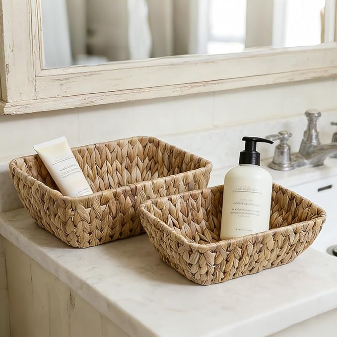 Small Wicker Baskets For Storage,Woven Basket For Organizing, Natural Water Hyacinth Decorative Basket, Empty Gift Baskets,2 Pack