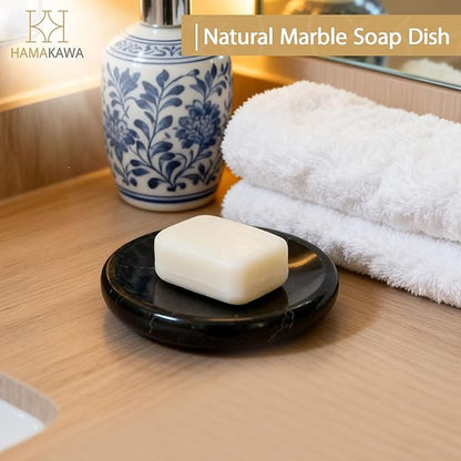 Natural Marble Soap Dish, Round Black Jewelry Dish 4.5 inch, Limestone Shower Soap Holder, Modern Stone Sponge Holder with White Stripe, Obsidian Bar Soap Saver Tray for Bathroom, Kitchen