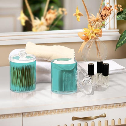2 Pack Qtip Holder Dispenser Apothecary Jars with Lids Plastic Acrylic Bathroom Vanity Countertop Canister Storage Organizer for Cotton Ball,Swabs,Pads,Floss, Pale Turquoise