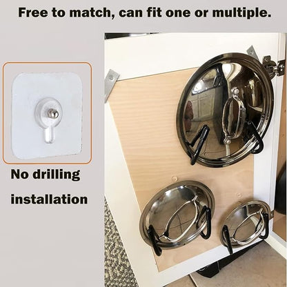 2 Pack Pot Lid Organizer Rack, Black Pot Lids Holder for Cabinet Door/Wall, No Drilling Adhesive Wall/Door Mounted Rustproof Pot and Pan Cover for Kitchen Storage, Pot lid no falls off.