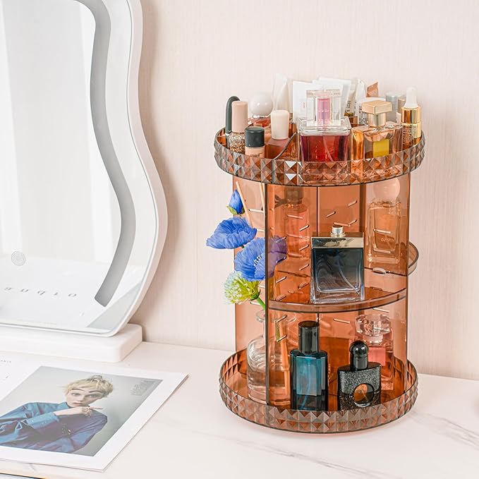 V-HANVER 360 Rotating Makeup Organizer Perfume Organizer Coffee Color Cosmetic Storage Display Case Large Capacity Beauty Holder Adjustable Partition Height for Bedroom Dresser or Bathroom Vanity