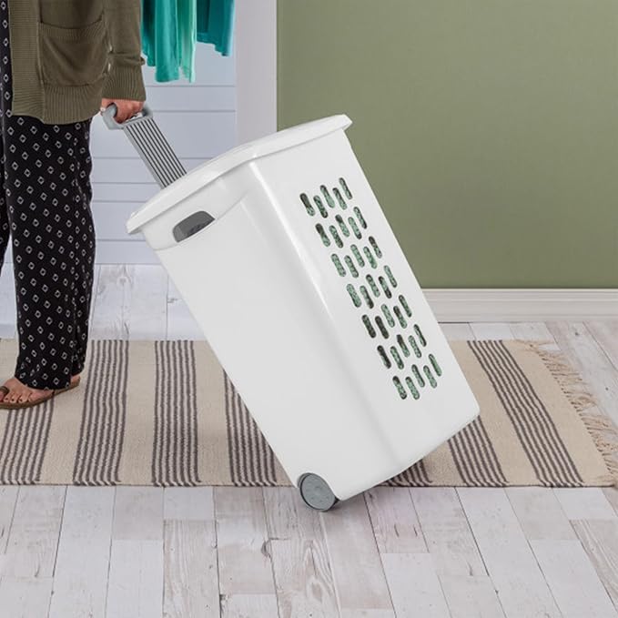Sterilite 3-Pack Ultra Wheeled Hamper, Laundry Basket w/ Flip-Top Lid & Retractable Handle - Plastic Rolling Clothes Storage Cart with Ventilated Holes for Home, Apartment or Dorm