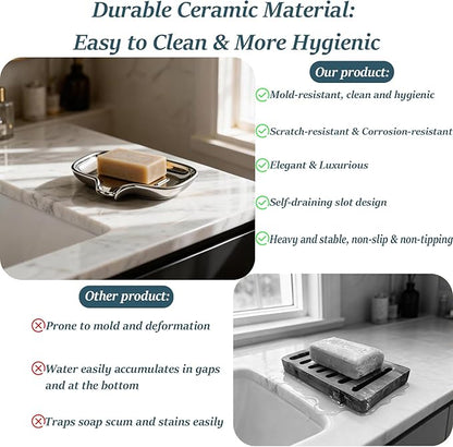 Silver-Plated Ceramic Soap Dish, Self-Draining Bar Soap Holder with U-Shaped Drainage, Decorative Soap Tray for Bathroom Shower & Kitchen Sink