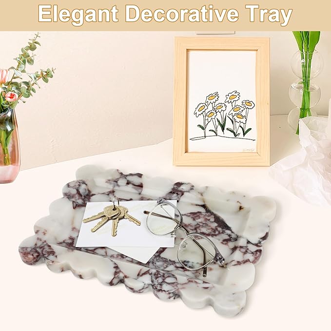 100% Natural Marble Vanity Tray - Real Stone Storage Organizer for Bathroom/Kitchen/Vanity/Dresser, Countertop Tray for Perfume, Jewelry, Home Decor, 11.8 x 7.8 x 0.7 Inch