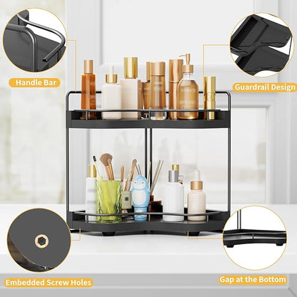 2-Tier Corner Bathroom Counter Organizer with Embedded Screw Holes, Secure & Stable Wood Vanity Shelf for Makeup and Skincare Essentials - Space Saving Bathroom Countertop Storage, Black