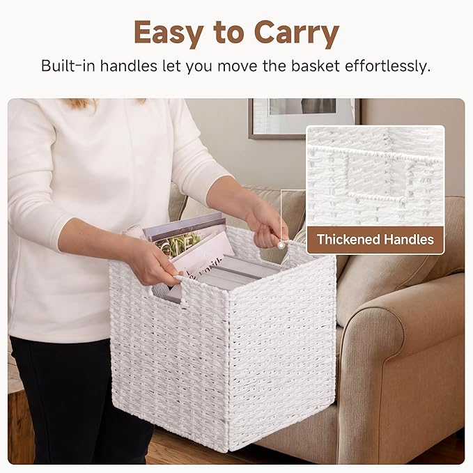 StorageWorks 13 inch Wicker Storage Baskets, Foldable Handwoven Wicker Basket for Organizing, Paper Rope Square Storage Cubes, White, 2 Pack