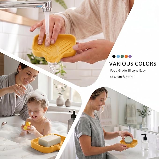 MicoYang Silicone Bathroom Soap Dishes with Drain Spout-Bathroom and Kitchen Sink Organizer,Sponge Holder,Dish Soap Tray,Perfect for Dispenser,Scrubber,Bottle,Cup on Sink or Counter-Yellow 4.9"×3.2"