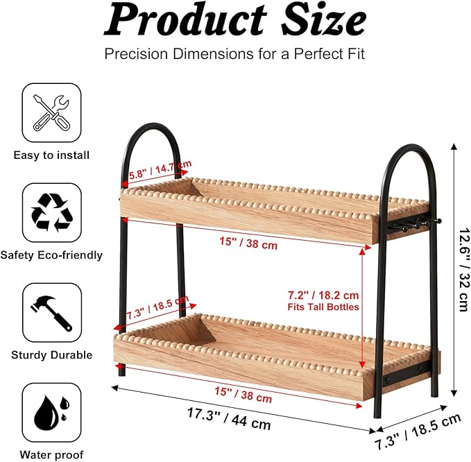 2-Tier Bathroom Countertop Organizer with 8 Hooks -Wooden Perfume & Makeup Storage Tray for Vanity Dresser, Farmhouse Skincare Organizer & Jewelry Holder for Kitchen Coffee Station
