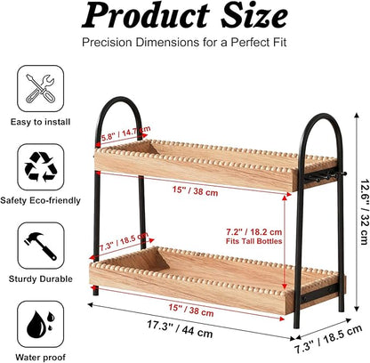 2-Tier Bathroom Countertop Organizer with 8 Hooks -Wooden Perfume & Makeup Storage Tray for Vanity Dresser, Farmhouse Skincare Organizer & Jewelry Holder for Kitchen Coffee Station