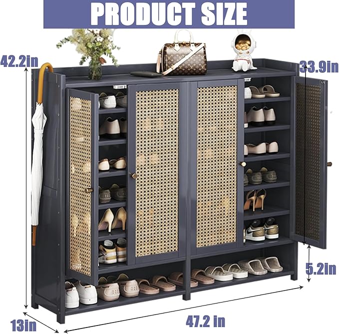 8 Tier Bamboo Shoe Cabinet with Doors, 38-42 Pairs Shoe Rack for Closet, Shoe Storage Cabinet for Hallway Living Room Office(Grey)