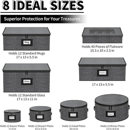 Aokeyee 8-Piece China Storage Containers Set, Hard Shell Moving Boxes for Dishes, Plates, Mugs, Wine Glass & Flatware – Dinnerware Organizer with Soft Felt Dividers, Sturdy Handles & Zippers, Grey