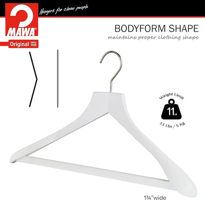 MAWA by Reston Lloyd, European Wooden Hanger, Beech Wood Body Form Hanger with Wide Supportive Shoulders, Rotating Chrome Hook, White Finish, for Shirts, Blazers, Pants, Dress Clothes Hanger, Set of 2