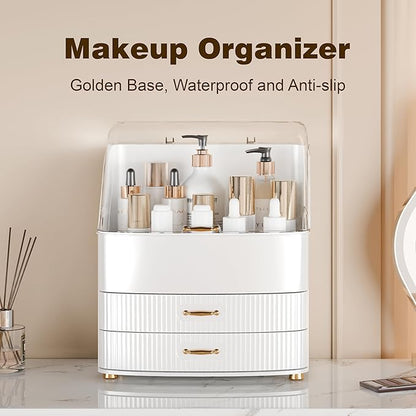 Makeup Organizer Countertop Vanity with Transparent Lid Drawers Waterproof Dustproof Cosmetic Skincare Bathroom Storage Gift for Women Teens Girls (Whtie)