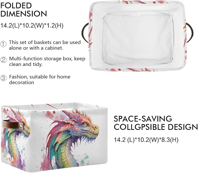 Large Storage Basket Watercolor Dragon Cube Storage Bin Canvas Fabric Organizer Handles Collapsible for Clothes Toys Bedroom Decorative