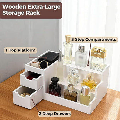 Countertop Perfume & Makeup Organizer - Wooden Rack, Cologne Stand Shelves & Skincare Organizer for Bedroom Dresser, Organizador de Perfumes Estante para Perfumes (White, 01)