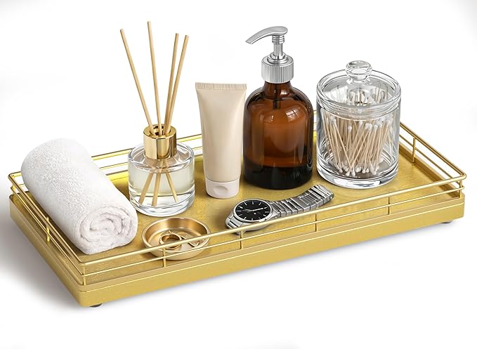 Bathroom Vanity Tray for Countertop, 12" x 6" Oak Wood Toilet Tank Tray with Metal Guardrail, Bathroom Organizer for Soap, Perfume & Skincare, Non-Slip Decorative Tray for Dresser & Vanity, Gold