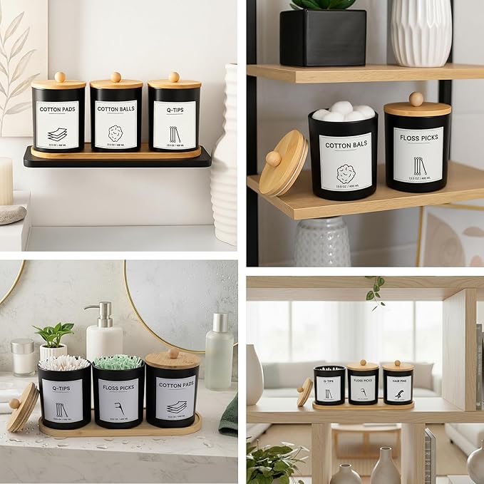 3Pack Glass Qtip Holder with Bamboo Tray, Cotton Ball Holder, 13.5 oz Apothecary Jars Bathroom Canisters with Lids, Bathroom Jars for Floss Picks, Cotton Swabs, Balls, Pads(Black)