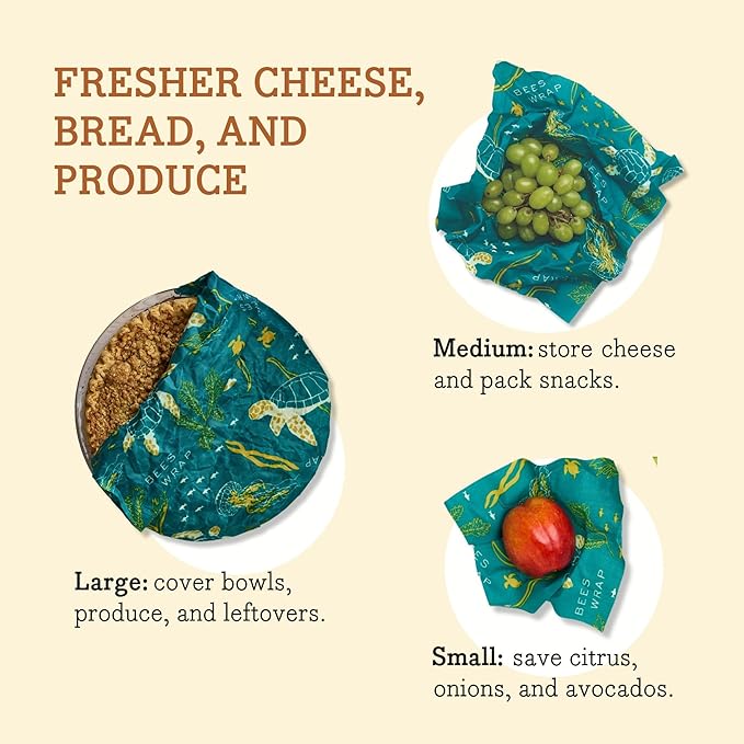 Bee's Wrap Beeswax Wraps for Food - 3 Pack of Assorted Beeswax Wraps - Small, Medium & Large Wrap - Plastic Free Made in USA Reusable Natural Food Wrap - Ocean Print