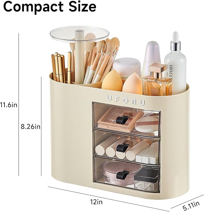UFORU Makeup Organizer with Pop-Up Brush Holder for Dresser Vanity, Plastic Bathroom Counter Organizer with 3 Drawers & Dust-Proof Cover, Cosmetic Display Case for Lipstick, Skincare, Cream White