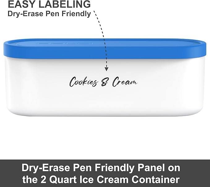 BALCI - Ice Cream Container - 2 Quart & 8oz set - Perfect Reusable Freezer Storage for Homemade Ice Cream Tubs for Sorbet, Frozen Yogurt and Gelato! - Flexible Silicone Lids, Long Scoop, Stackable