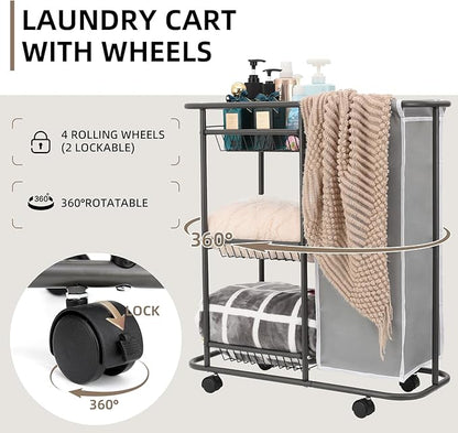 Rolling Laundry Sorter with 3 Storage Baskets and 45 L Bag, 3-Tier Laundry Caddy Between Washer and Dryer,Laundry Room Organization with Wheels and Handle for Narrow Space Bathroom Apartment Dorm