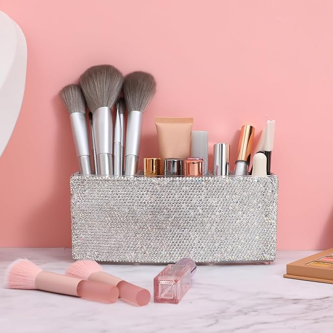 TEHAUX Bling Makeup Organizer for Vanity with 3 Compartments Rectangular Cosmetic Storage Box for Desk Makeup Brushes Lipsticks - Elegant Rhinestone Design 2.87 X 7.28 X 2.87 Inches