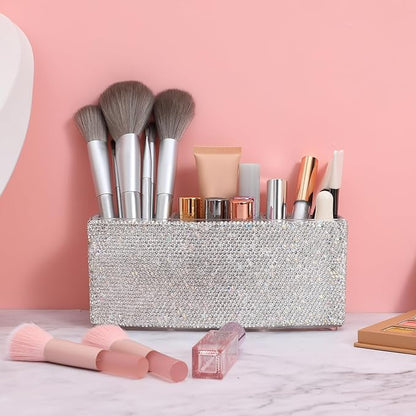 TEHAUX Bling Makeup Organizer for Vanity with 3 Compartments Rectangular Cosmetic Storage Box for Desk Makeup Brushes Lipsticks - Elegant Rhinestone Design 2.87 X 7.28 X 2.87 Inches