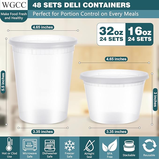 WGCC Deli Containers with Lids 48 Sets- Disposable Soup Containers with Lids 16oz, 32oz - Food Containers with Leakproof, BPA Free/Microwave/Freezer/Dishwasher Safe