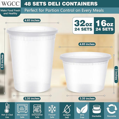 WGCC Deli Containers with Lids 48 Sets- Disposable Soup Containers with Lids 16oz, 32oz - Food Containers with Leakproof, BPA Free/Microwave/Freezer/Dishwasher Safe