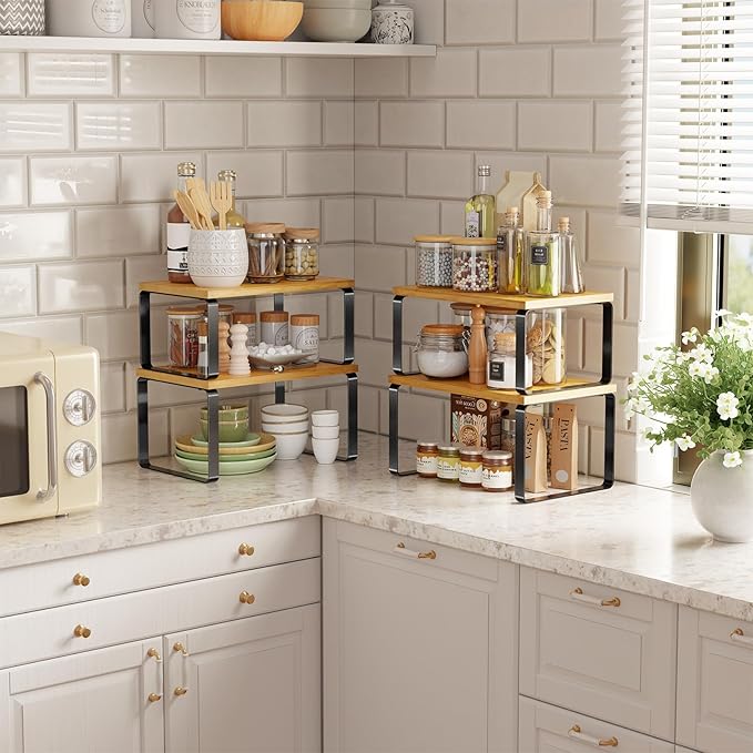 Simple Trending Bamboo Cabinet Organizer Shelf, Set of 2 Kitchen Counter Shelves, Stackable Expandable Spice Rack Kitchen Storage, Black and Natural Beige