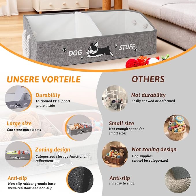 Large Dog Toy Basket with Handles, 28.5" Collapsible Multi-Purpose Hard Board Dog Toy box, Clothes, Cute for Living Room Area (Grey,Cream)