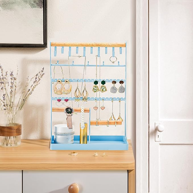 ProCase Jewelry Organizer Stand Necklace Organizer Earring Holder, 6 Tier Jewelry Stand Necklace Holder with 15 Hooks, Jewelry Tower Display Rack Storage Tree for Bracelets Earrings Rings -Blue