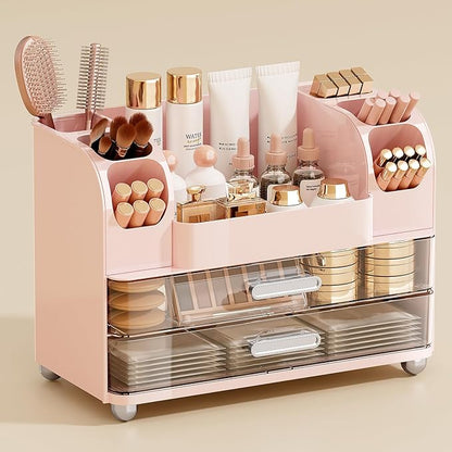 Makeup Organizer for Vanity with 2 Large Drawers, Cosmetic Display Case with Brush Holders, Easy to Storage for Bathroom Countertop Skincare, Perfume, Pink