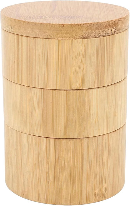 3-Tier Wooden Rotating Spice Storage Box with Swivel Lid, Triple-Layer Condiment Organizer for Kitchen Countertop Home Cooking, Salt Sugar Pepper Seasoning Jar, Easy to Clean Household Tool